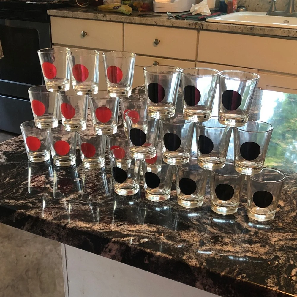 Set of 24 Polka Dot Shot Glasses - Red and Black